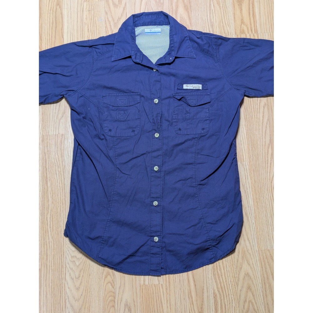 Columbia Womens PFG Short Sleeve Fishing Shirt Navy Blue Solid Medium